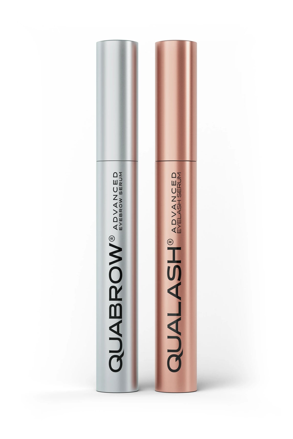 QUABROW eyebrow serum in a silver tube and QUALASH eyelash serum in a rose gold tube, 3.5 ml each