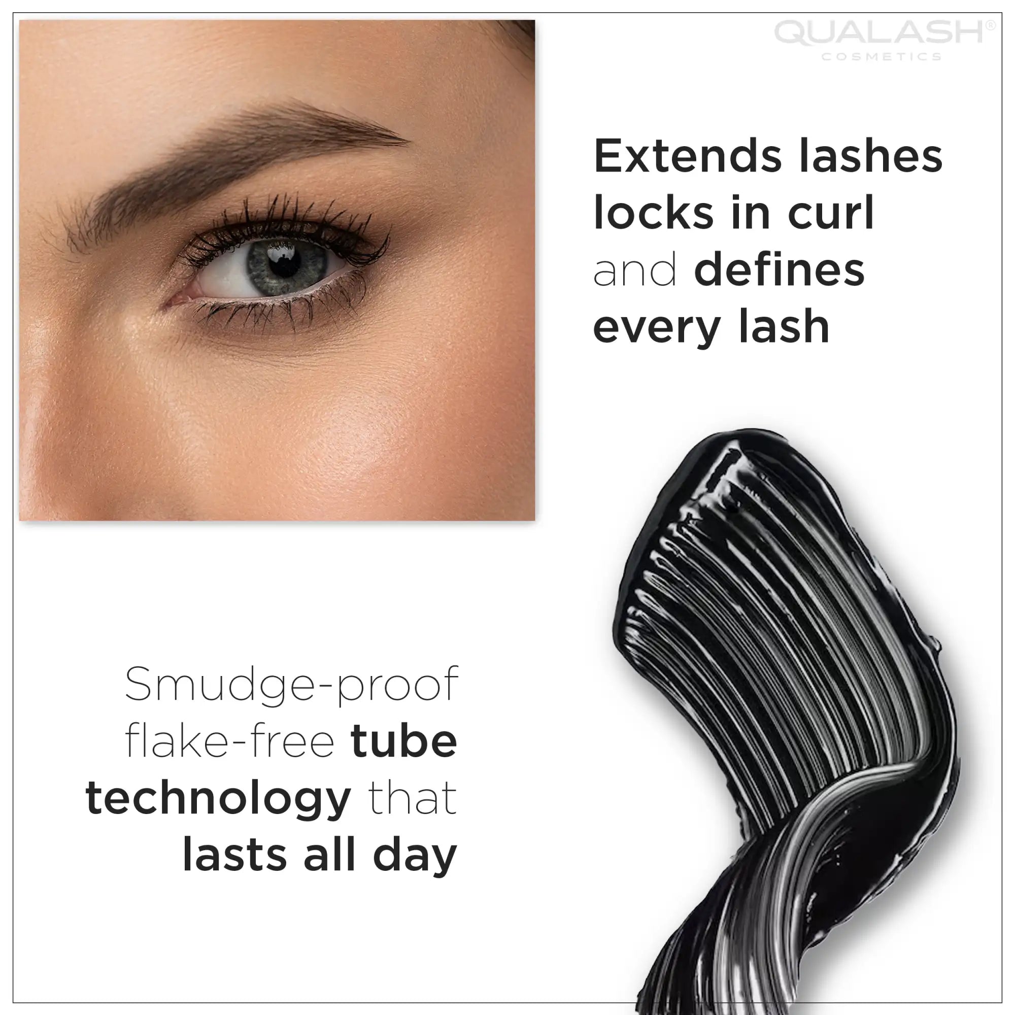 Black, smudge-proof mascara with a sleek tube design from qualash cosmetics.